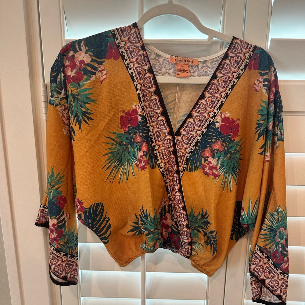 Flying Tomato tropical Yellow Floral Wrap Blouse